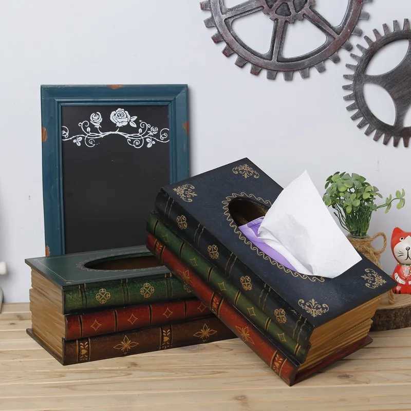 Book Shaped Vintage Tissue Box Cover Artistical Wooden Paper Extraction Box Creative Tissue Storage Case for Bedroom BathroomM251124