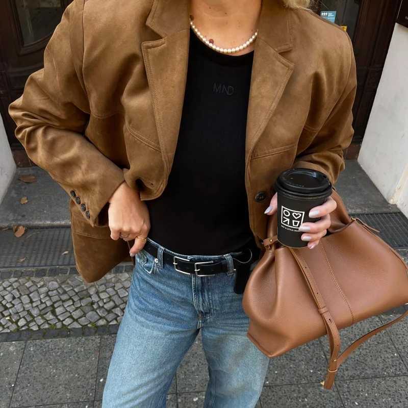 High Street Suede Jacket Cardigan Womens Long Sleeve Loose Lapel Solid Color Fashion Retro For Women Jacket Autumn and Winter J251124