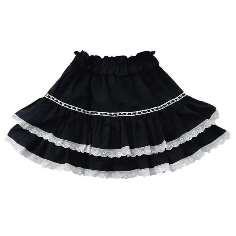 Lace Ruffle A-line Skiing Womens High Waist Tutu Elastic Waist Lolita Sweet Cute Preparatory Style Faldas Black Cake Skiing M250424