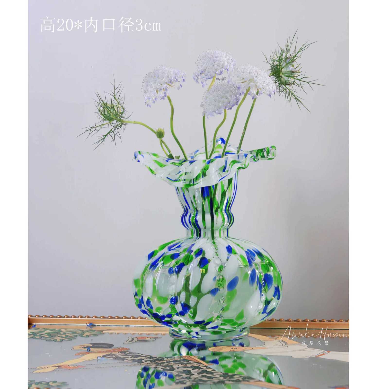 Cute Blue-green Dots Small and Fresh Water Chestnut Lotus Vase Desktop Light Luxury Soft Decoration Floral Ornament C251124