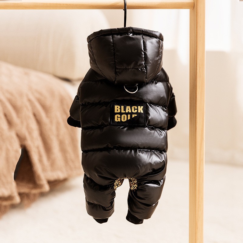 Black Gold Graphene Pet Down Jacket with Gold Print, Dirt-Resistant Warm Dog Coat with Hood, Leash Ring Design, High-End Fashionable Insulated Apparel - view 7