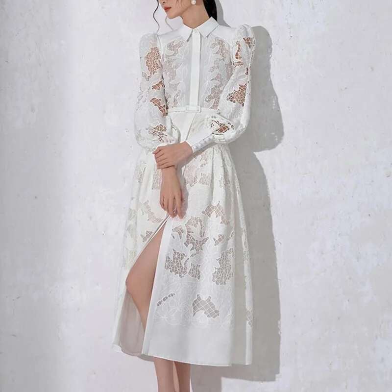 2023 New Women Lace Embroidery Dress Spring Summer Long Sleeve White Wedding Evening Party Hollow Out Vestido Dresses