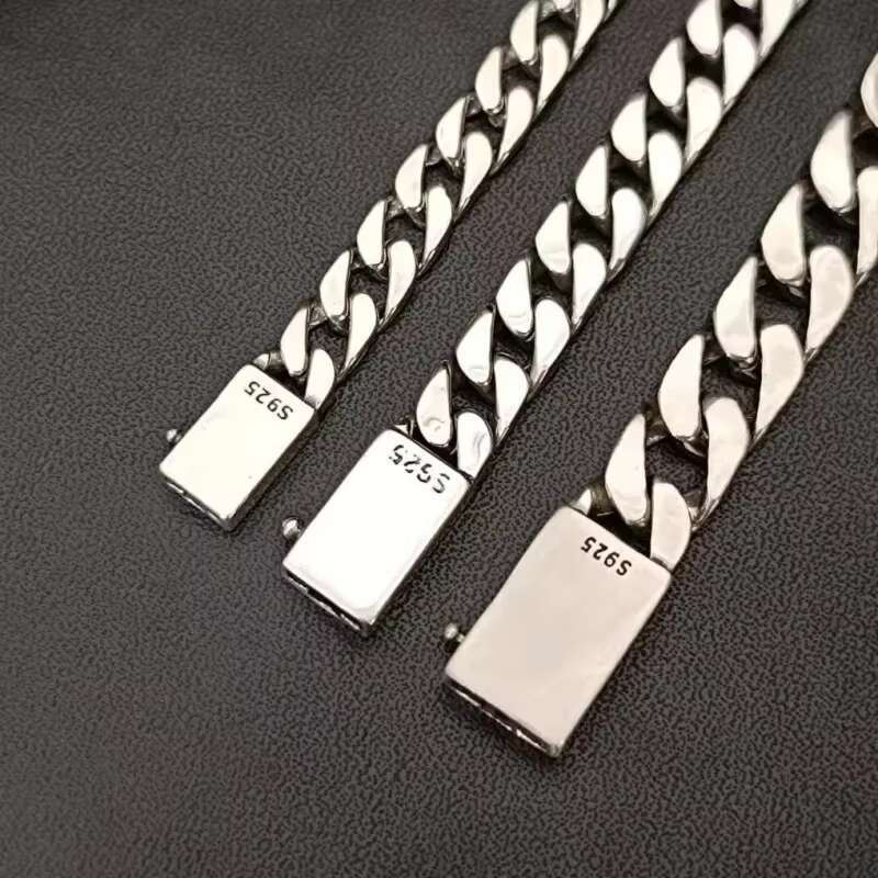 100% Real Solid S925 Silver Jewelry Cuban Chain Link Chain Necklace Men Popular Simple Trend Gold Tanks Whip Sweater Wholesale