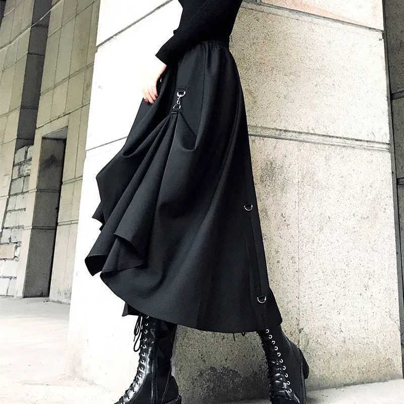 Large size Harajuku punk style skateboarding womens high waisted buckle irregular Gothic skateboarding black hip-hop streetwear free adjustable M25042