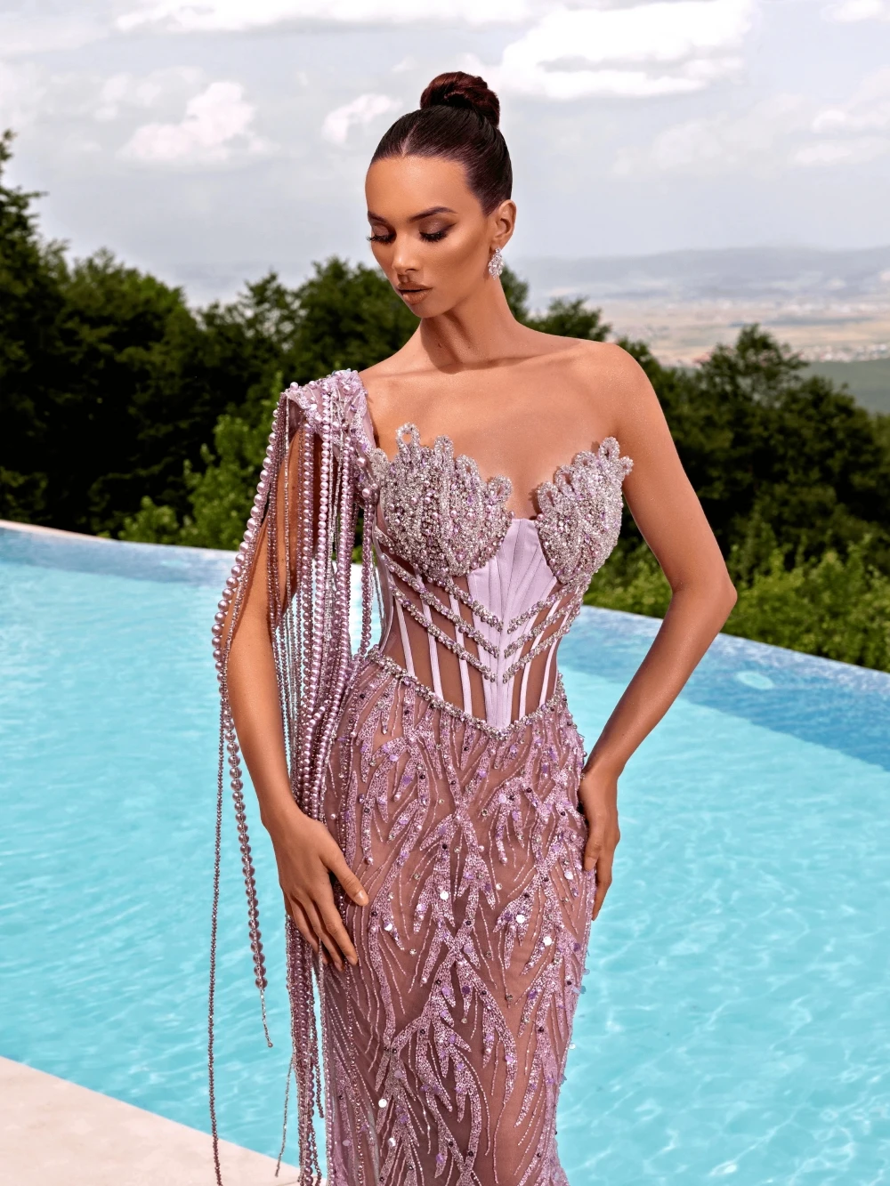 Fashion Pearls Evening Dresses Sequins Beading Prom Gowns One Shoulder Tassel Illusion Customized Formal Occasion Party Dress Vestidos de noche