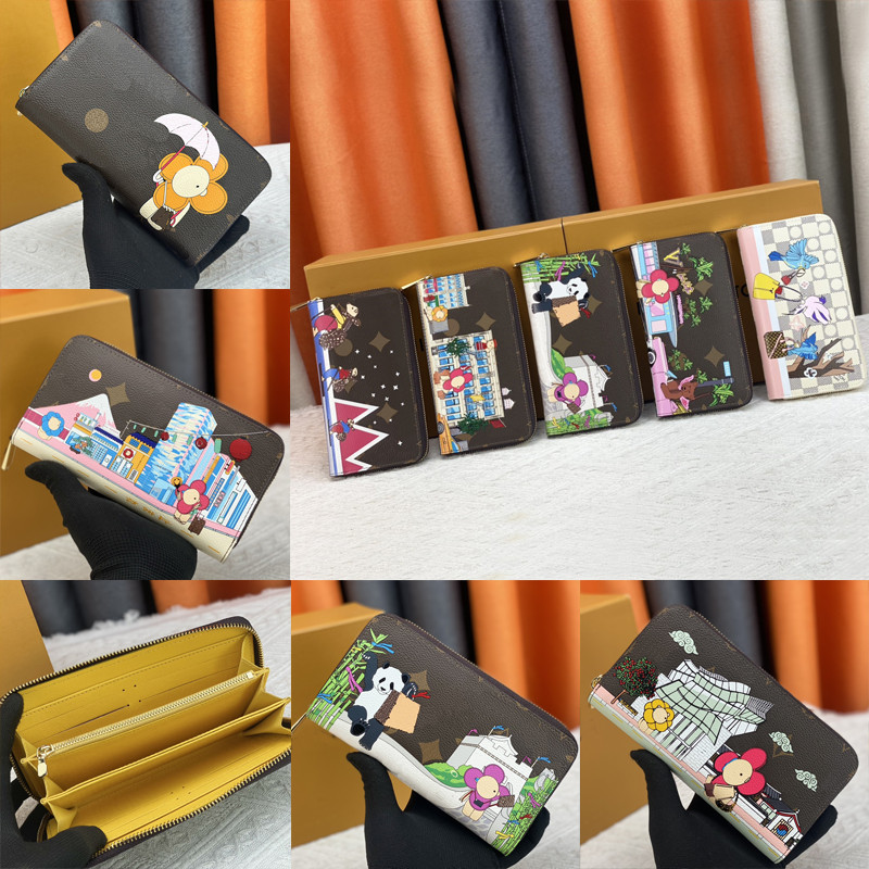 Takashi Murakami colorful wallet High quality Designer Unisex zippy Wallets Luxury passport real leather Card Holders short Purses With Box 01