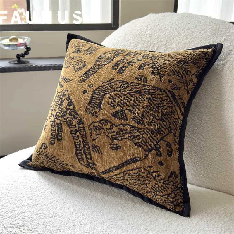 2025 new medieval light luxury high-end sofa throw pillow new Chinese leopard brown pillow bedside cushion backrest G251124