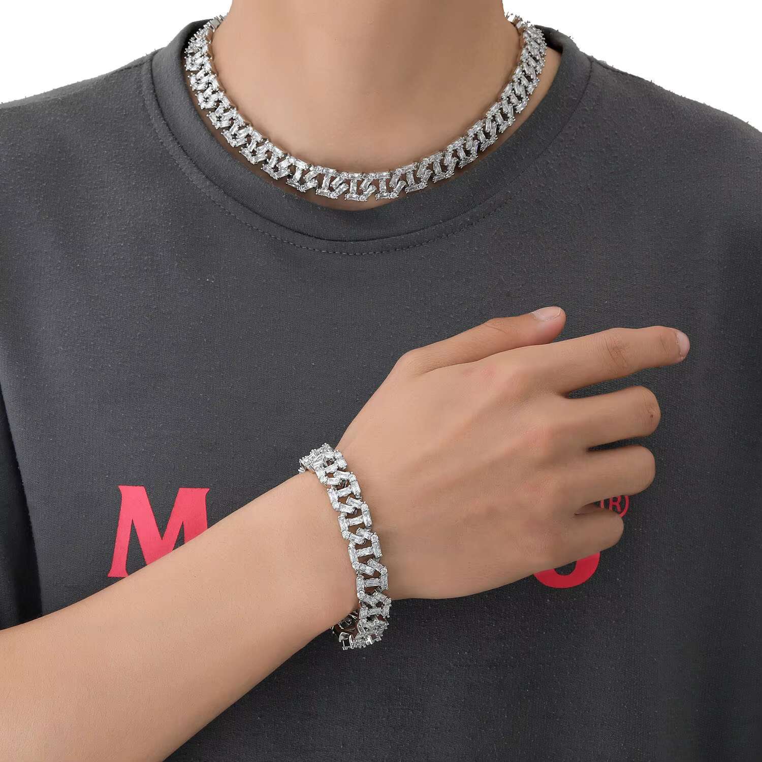 Wholesale Hip Hop 13MM Iced Out Cuban Chain 5A Cubic Zirconia Stone Brass Bracelet Necklace Men and Women
