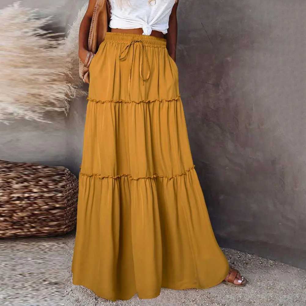 90s Retro Ruffle Skiing Maxi Shirt Retro Ruffle Holiday A-Line Boho High Waist Long Skiing Board Laminated Maxi Skiing Board M250424