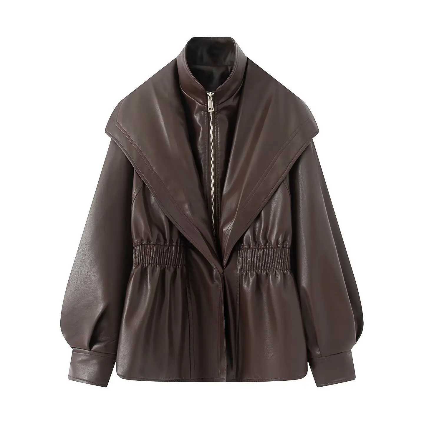 New Fall Winter High Street Warm Brown Zipper Pu Leather Jacket Women Casual Lapel Elastic Waist Cinching Coat Outwear Clothes J251124