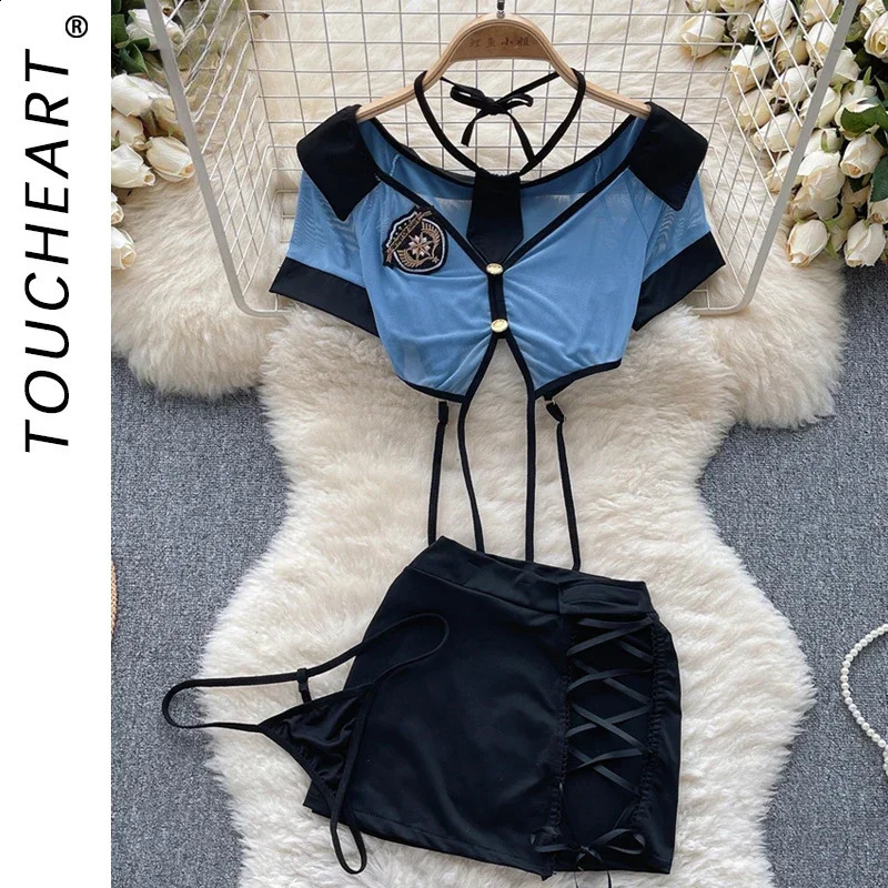 Touchear Preppy Style sexy womens uniform set V-neck transparent toplace mini skirtthong hollow role-playing erotic set 250422