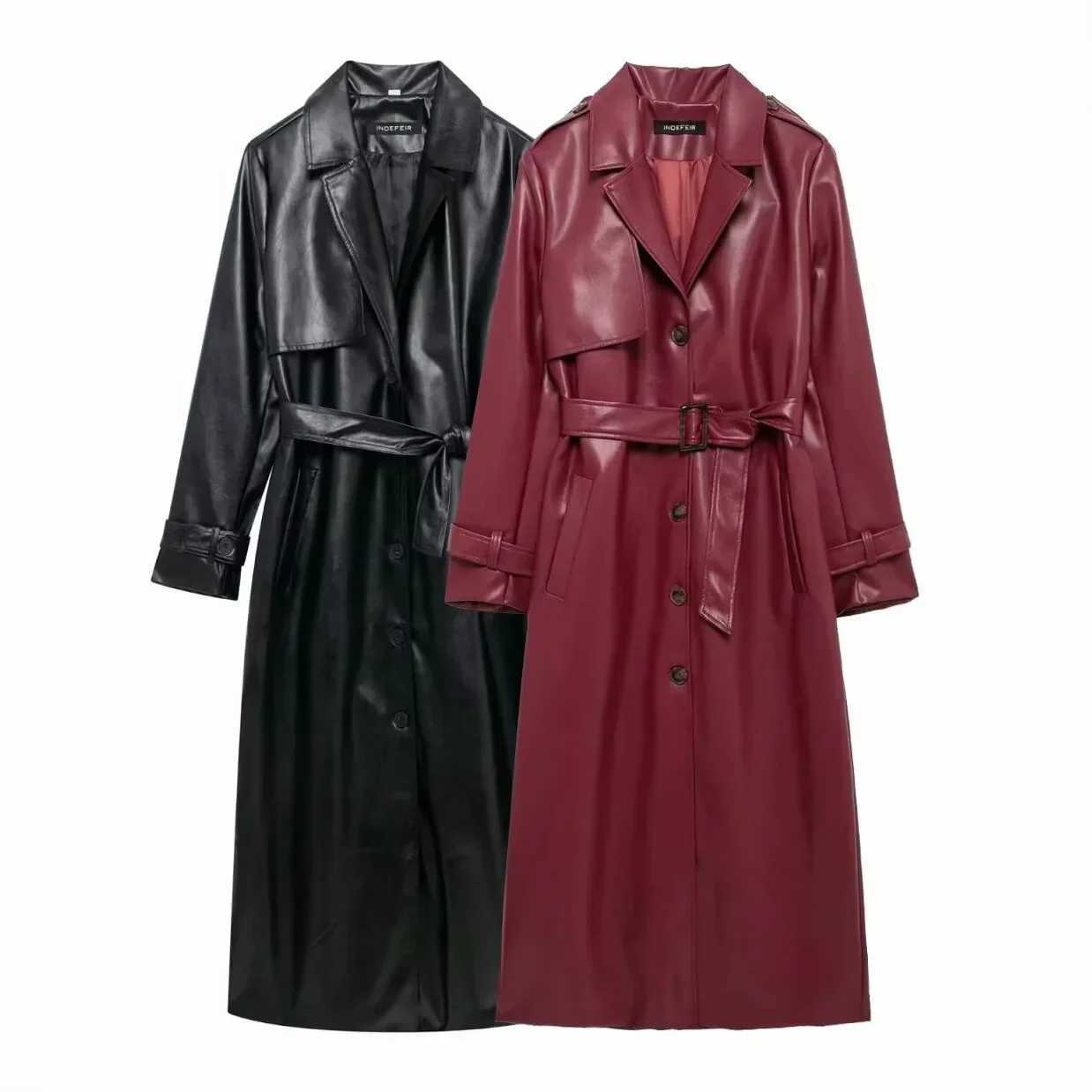 2024 Women New Fashion with Belt Long Style Single Breasted Faux Leather Coat Vintage Long Sleeve Pockets Female Outerwears J251124