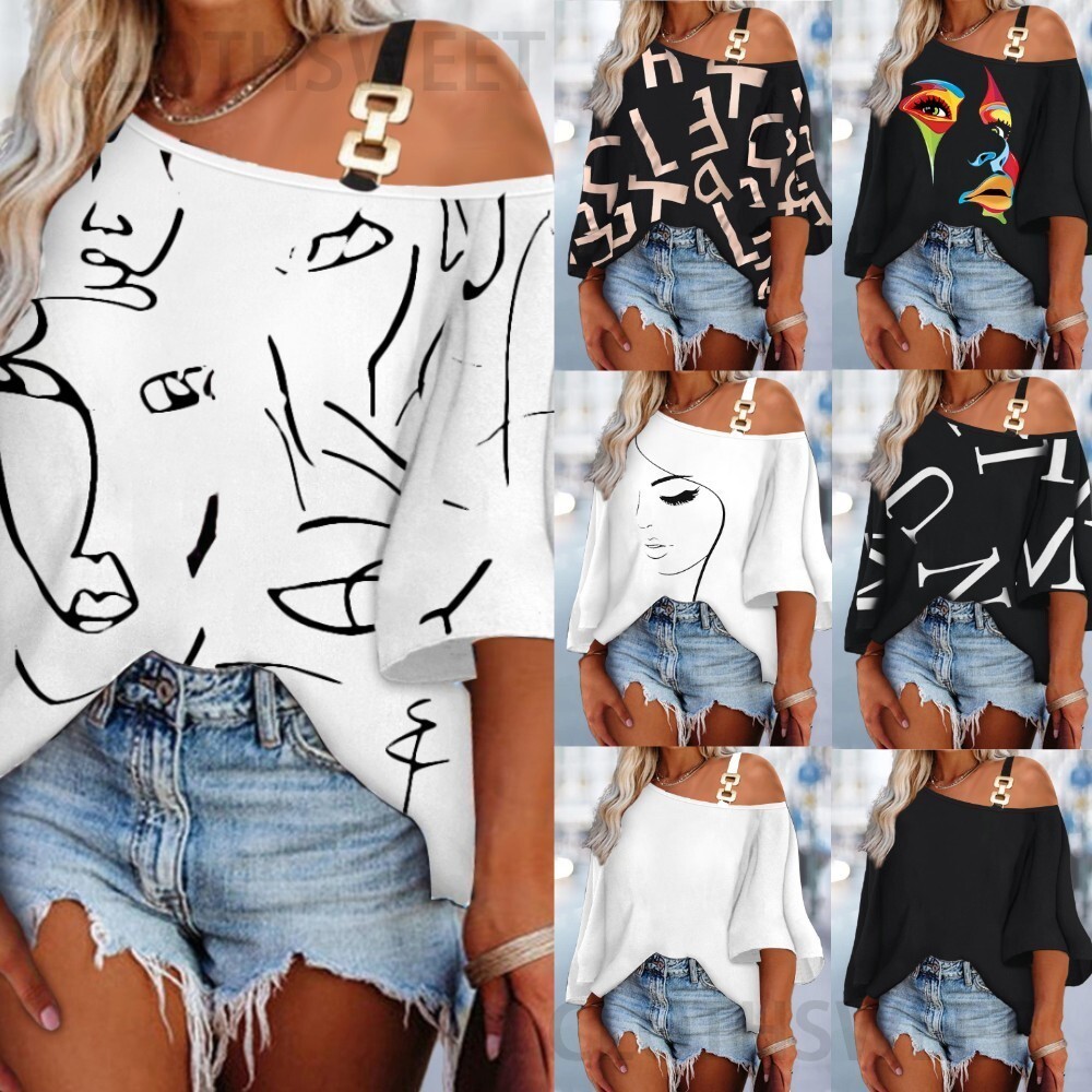 2023 New Autumn Fashion Splicing Loose Casual Top Womens Printed T-shirt