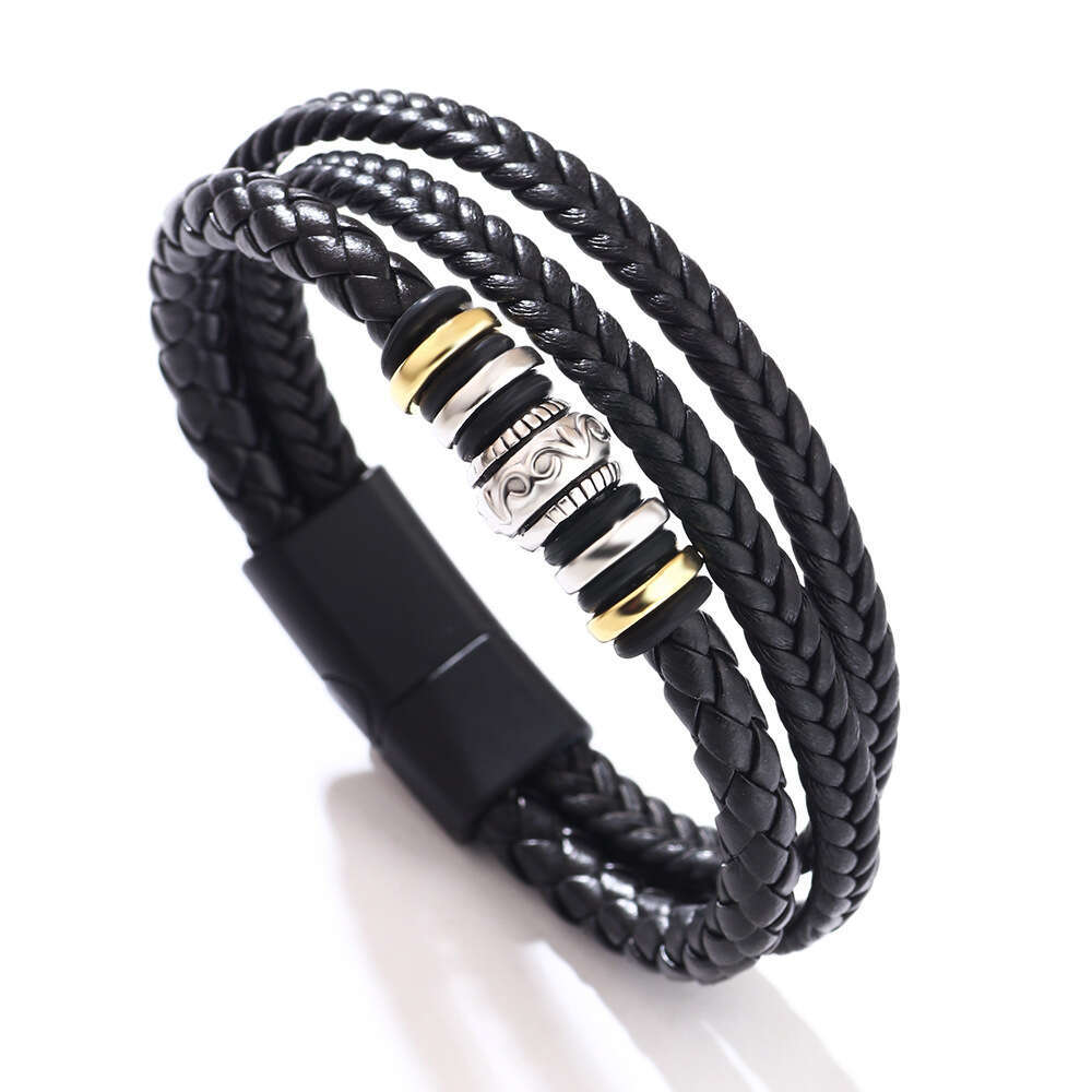 Leather laser metal ring magnetic buckle multi-layer woven PU leather bracelet sample