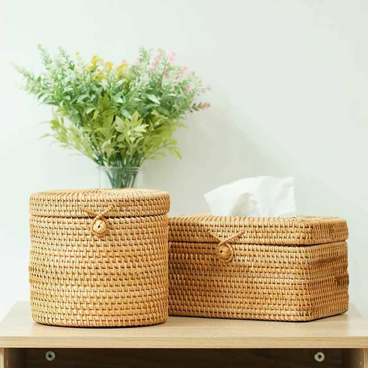 Rattan Tissue Box Desktop Toilet Paper Handkerchief Case Simple Napkin Holder Hand Woven Car Tissue Paper Dispenser Home DecorM251124
