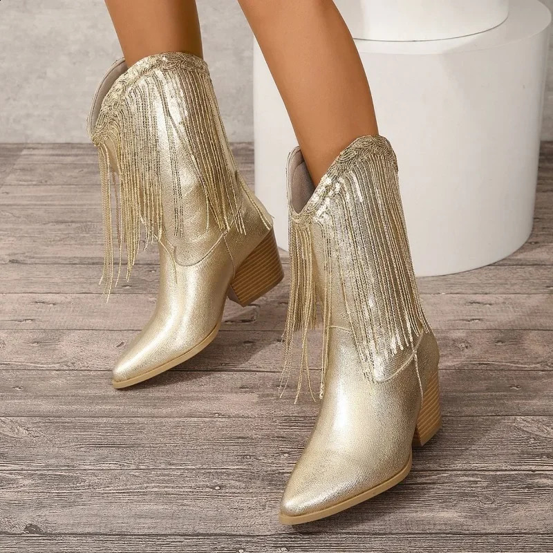 Shoes for Women Fringed Sequin Fashion Womens Boots Comfortable Square Heel Modern Boots Gold Platform Boots 250418