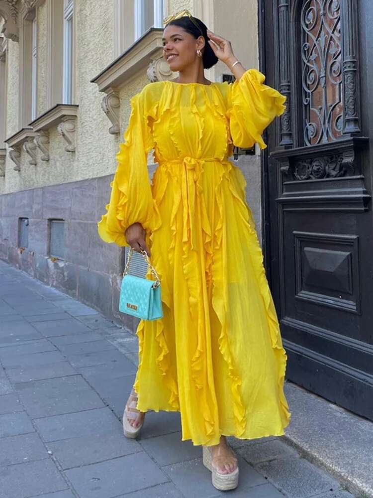 Autumn/Winter New Elegant Round Neck Lantern Sleeve Tie Rope Maxi Sun Dress Women's Solid Color Hundred Fold Evening Dresses