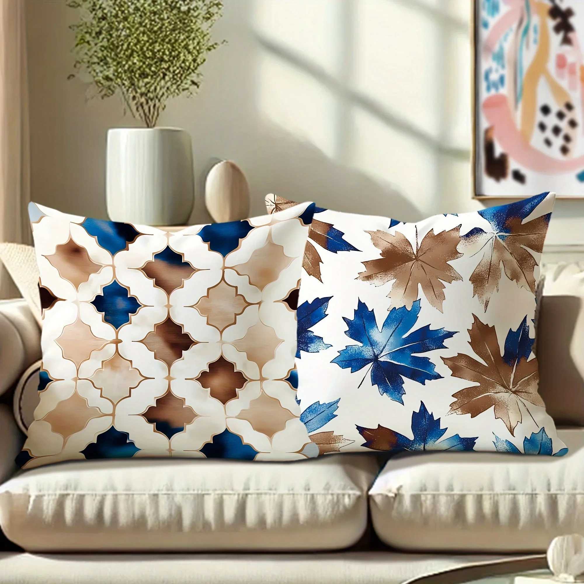 Blue Brown Floral Geometric throw pillow cover with short plush print for living room decoration cushion cover pillow covers G251124