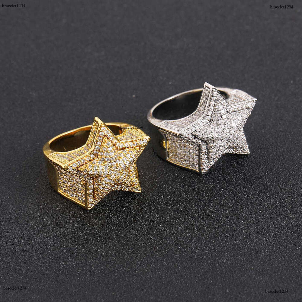 Luxury designer Hip Hop Ice out VVS Moissanite 3D five-point star double copper plated real gold Men women Hip hop rings