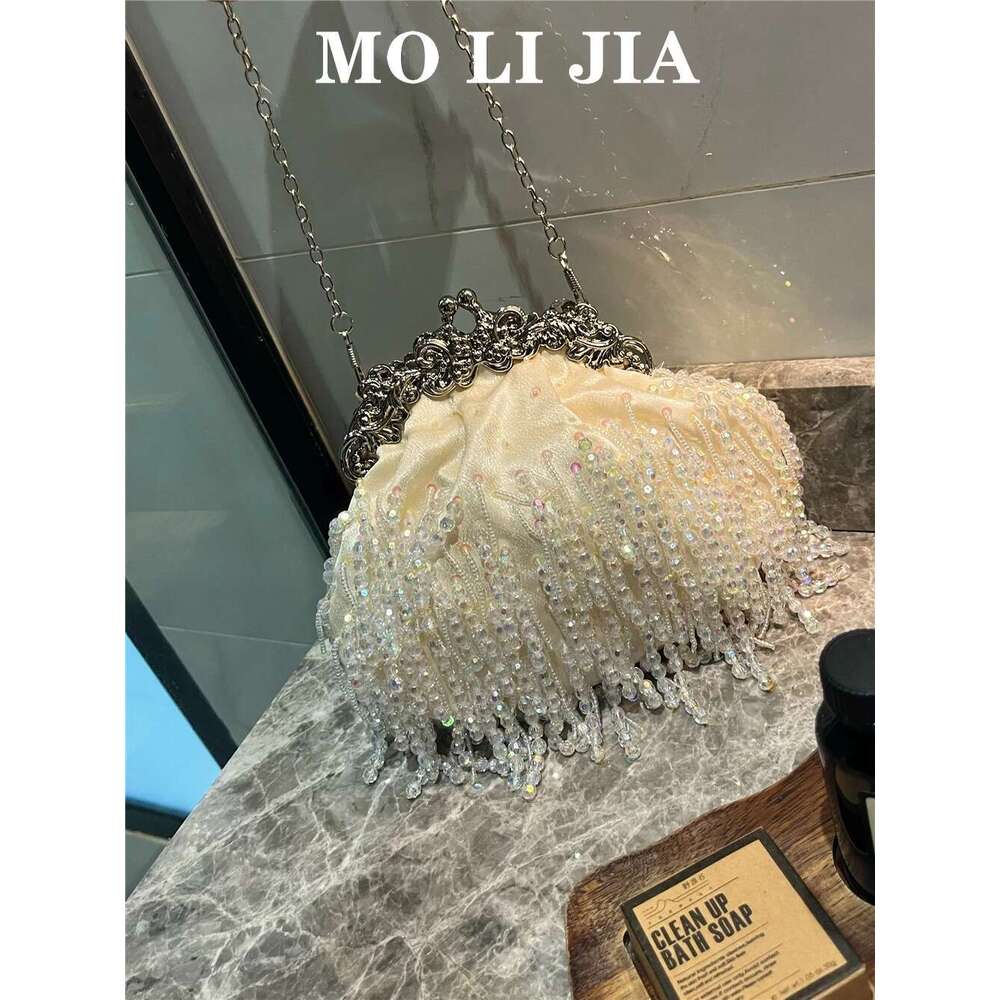 Designer Bag 2025 Designer White Satin Women Handbag Pearl Beaded Tassel Evening Wedding Party Clutch Purse Shoulder Crossbody Bag Luxury Bag