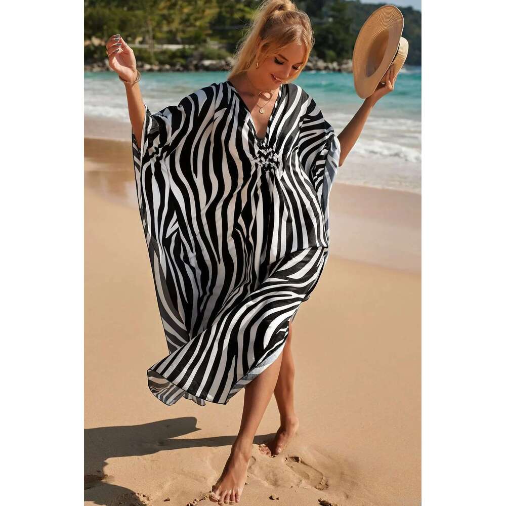 Rayon Fashion Sexy Holidays Sunscreen Shirt Beach Dress Sundress Women Clothes Elegant Zebra Batwing Sleeve Dresses New Bohemian