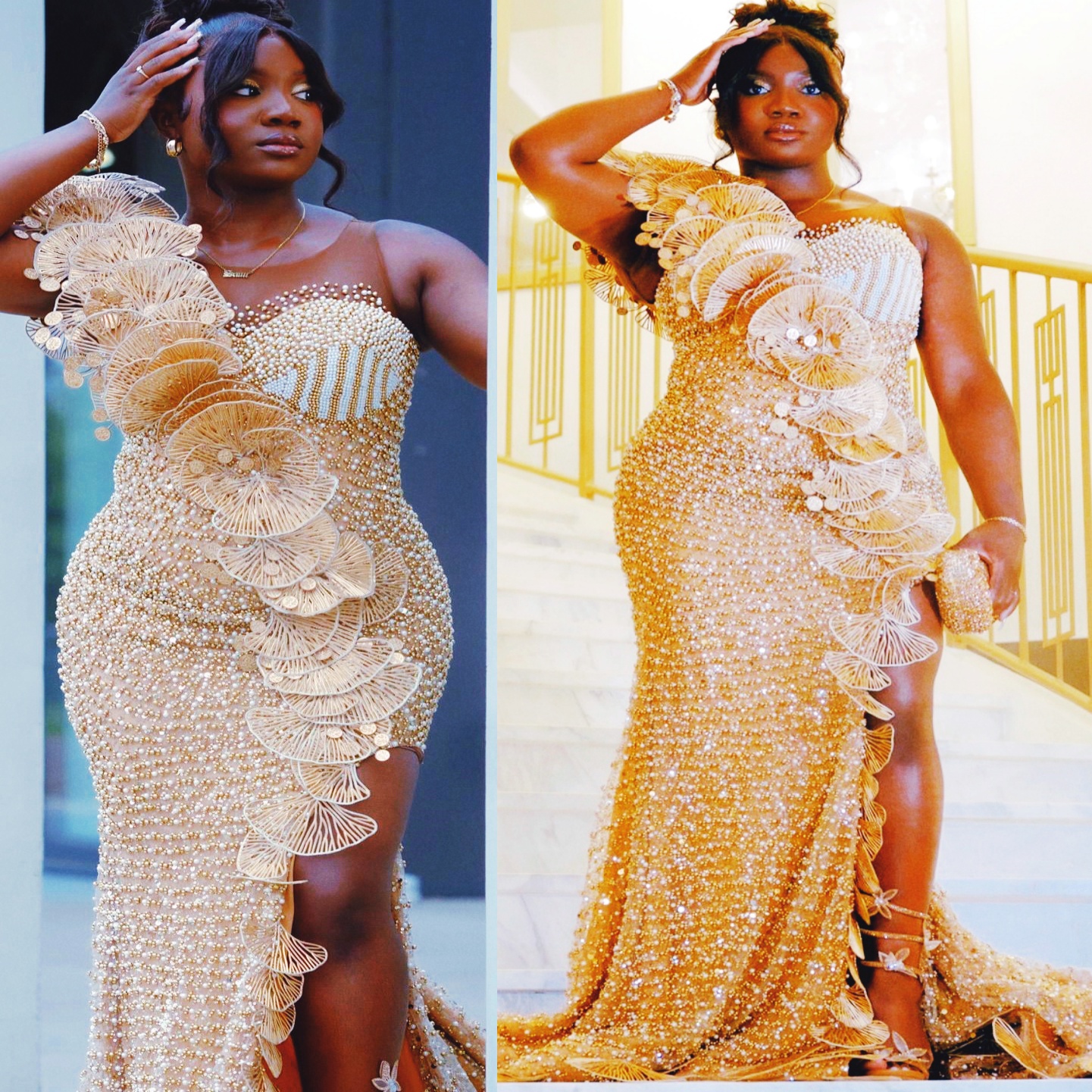 Mermaid Gold Plus Size Prom Dresses 2025 Pearls Florals Sequined High Split Evening Formal Party Second Birthday Engagement Gowns Dress For Special Oc