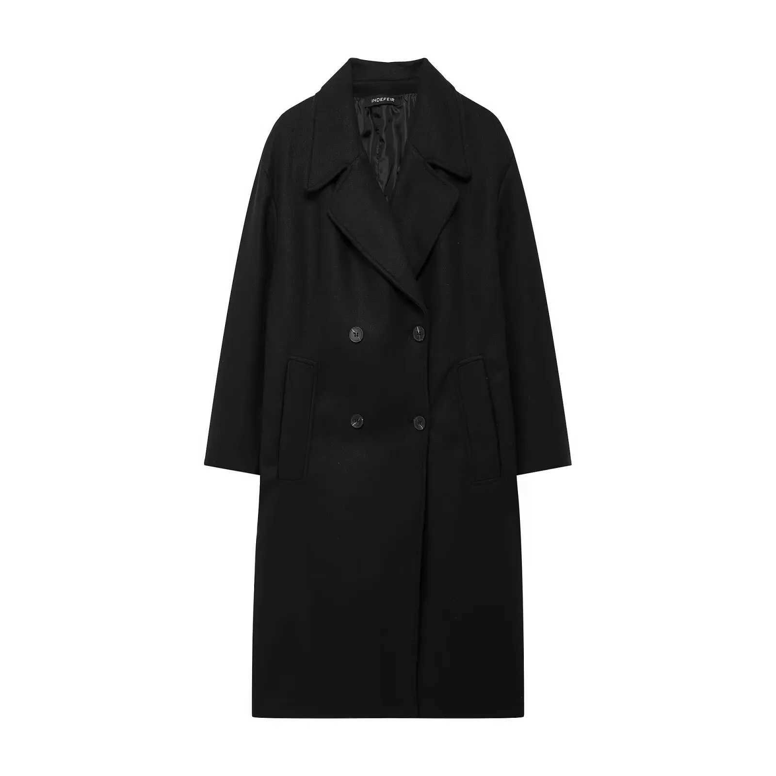 TRAFZA Women Winter Casual Wool Blend Notched Lapel Collar Coat Chic Double-breasted Trench Coats Oversized Female Long Jackets J251124