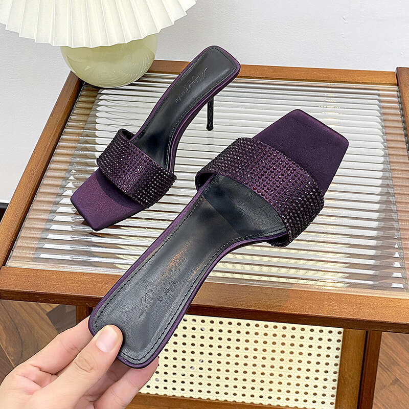 Woman Sandals Square Toed High Heeled Slippers For Women In Purple Summer Sexy Socialite Wearing Rhinestones Exposed Toes One Line Slim Heel Sandals W
