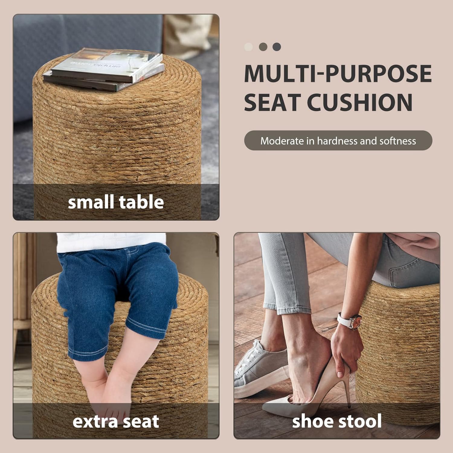 Natural Seagrass Foot Stool, Hand Weaving Round Ottoman, for Living Room, Outdoor Seat (Natural)