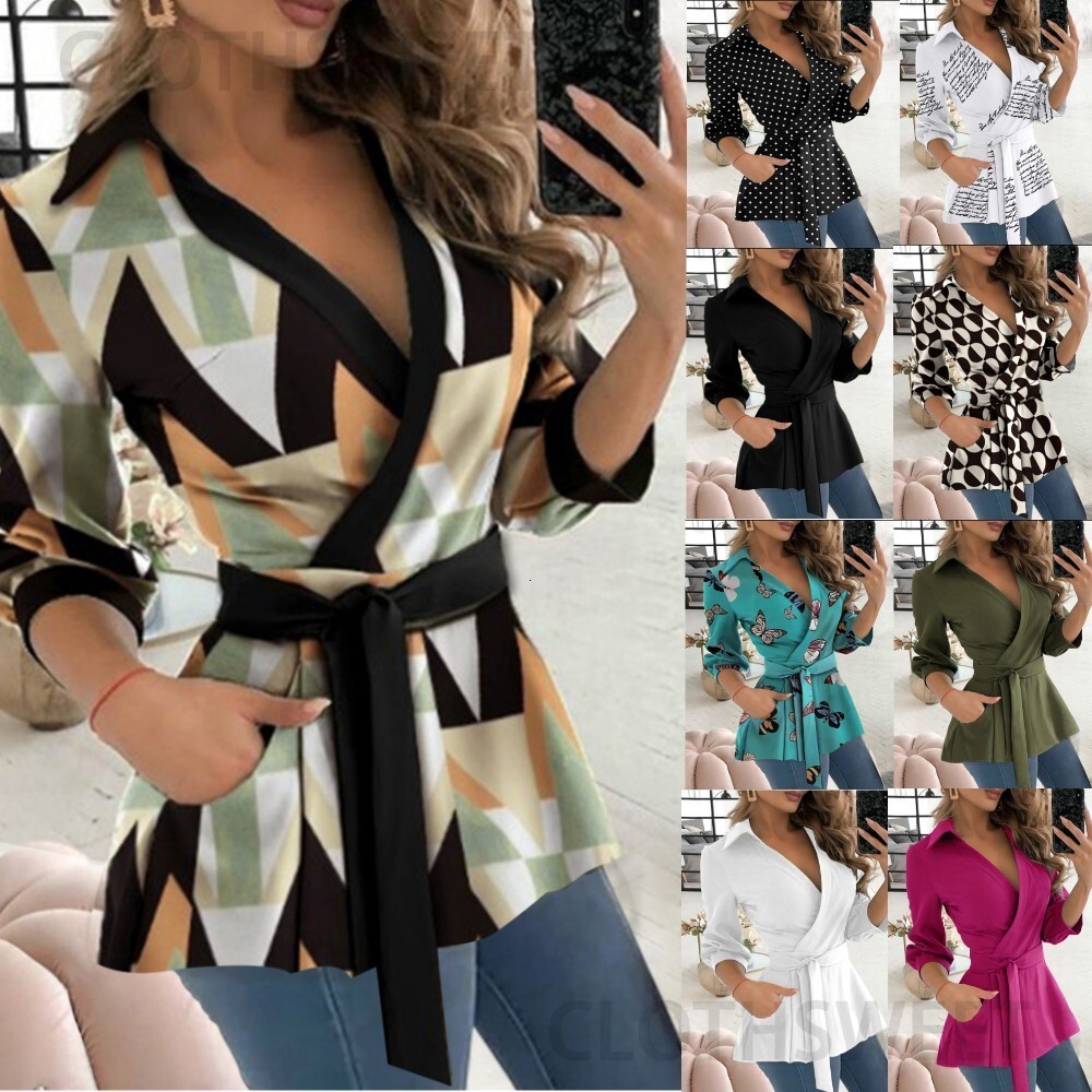2023 Autumn New Printed Long Sleeve V-neck Belt Shirt for Women