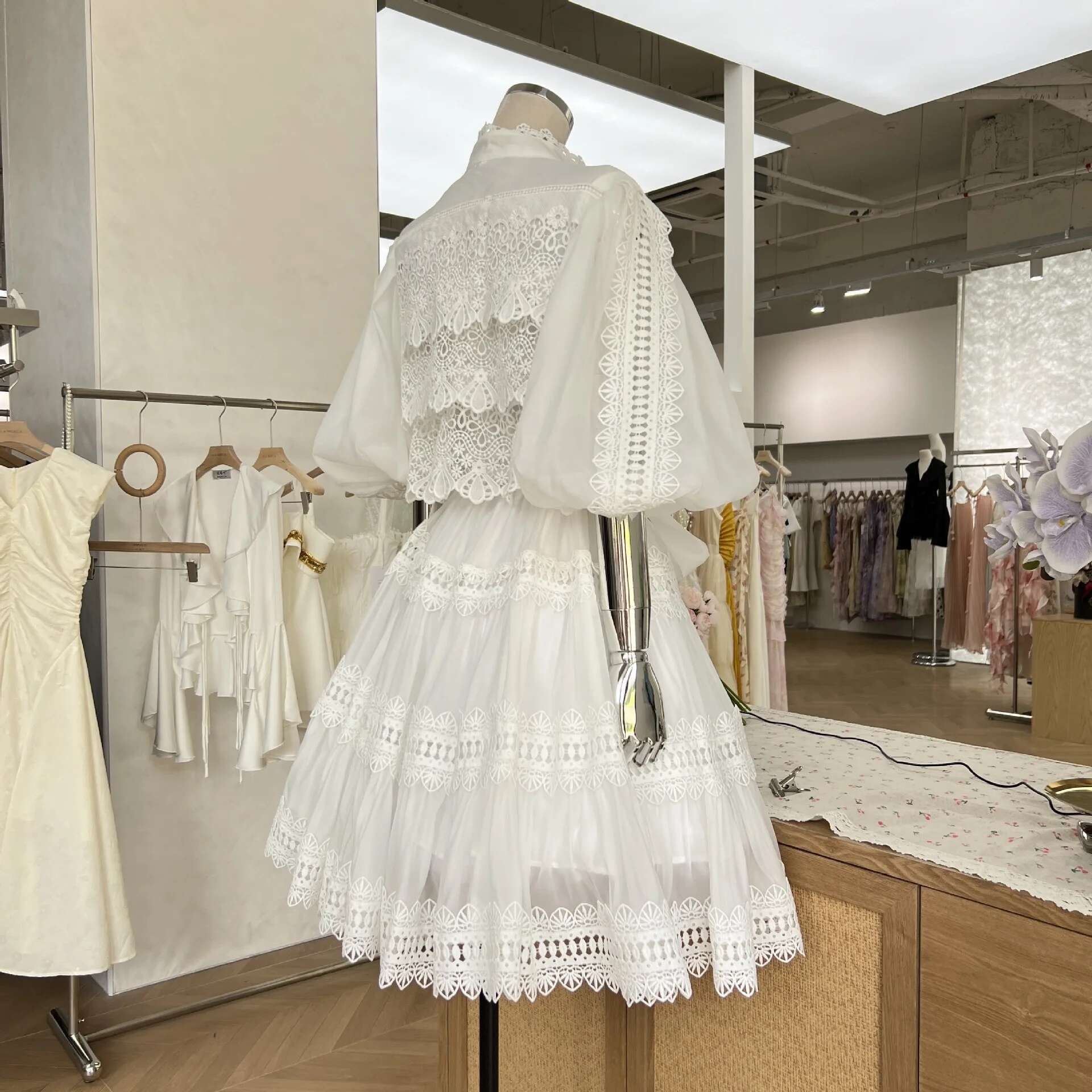 Organza Hollow Out Short Dress Women's Fashion 2025 Spring Summer Pearls Loose Evening Party Ruffles Dresses Quality