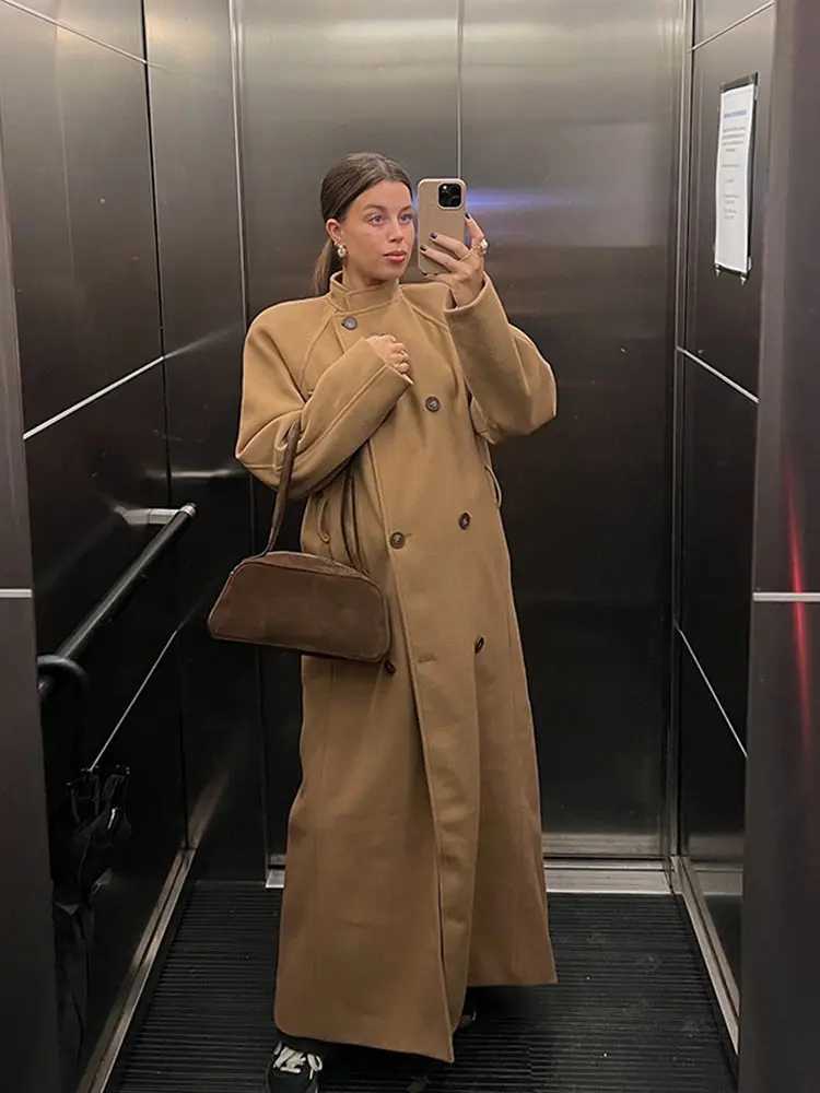 Fashion Faux Wool Long Coat for Women Autumn Elegant Double Breasted Belts Jackets Chic Turn-down Collar Thick Outerwear J251124