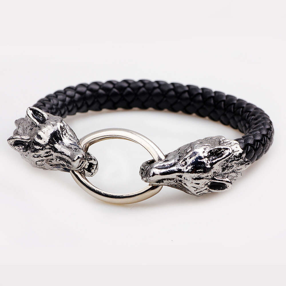 Double headed men's simple and fashionable metal wolf head bracelet, male high-end leather bracelet