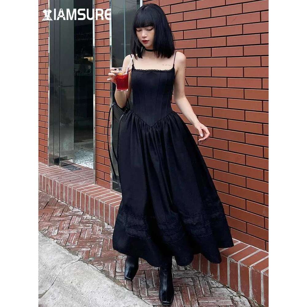 Designer Clothes IAMSURE Casual Solid Lace Trim A-Line Long Dress Slim Slash Neck Sleeveless Maxi Dresses For Women Summer Fashion Ladies