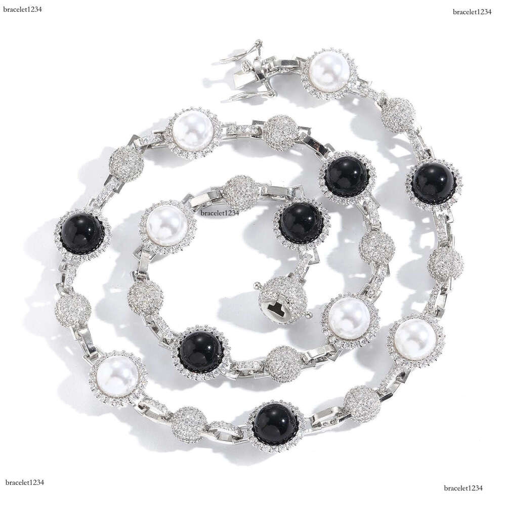 Luxury hip hop micro-inlaid sterling silver ice out VVS Moissanite black and white pearl necklace, men and women's cascading chain Free delivery