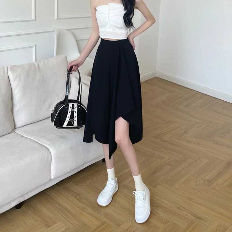 Black irregular leather womens spring and summer high waist thin medium long umbrella dress plus size bottom retro Y2k dress M250424