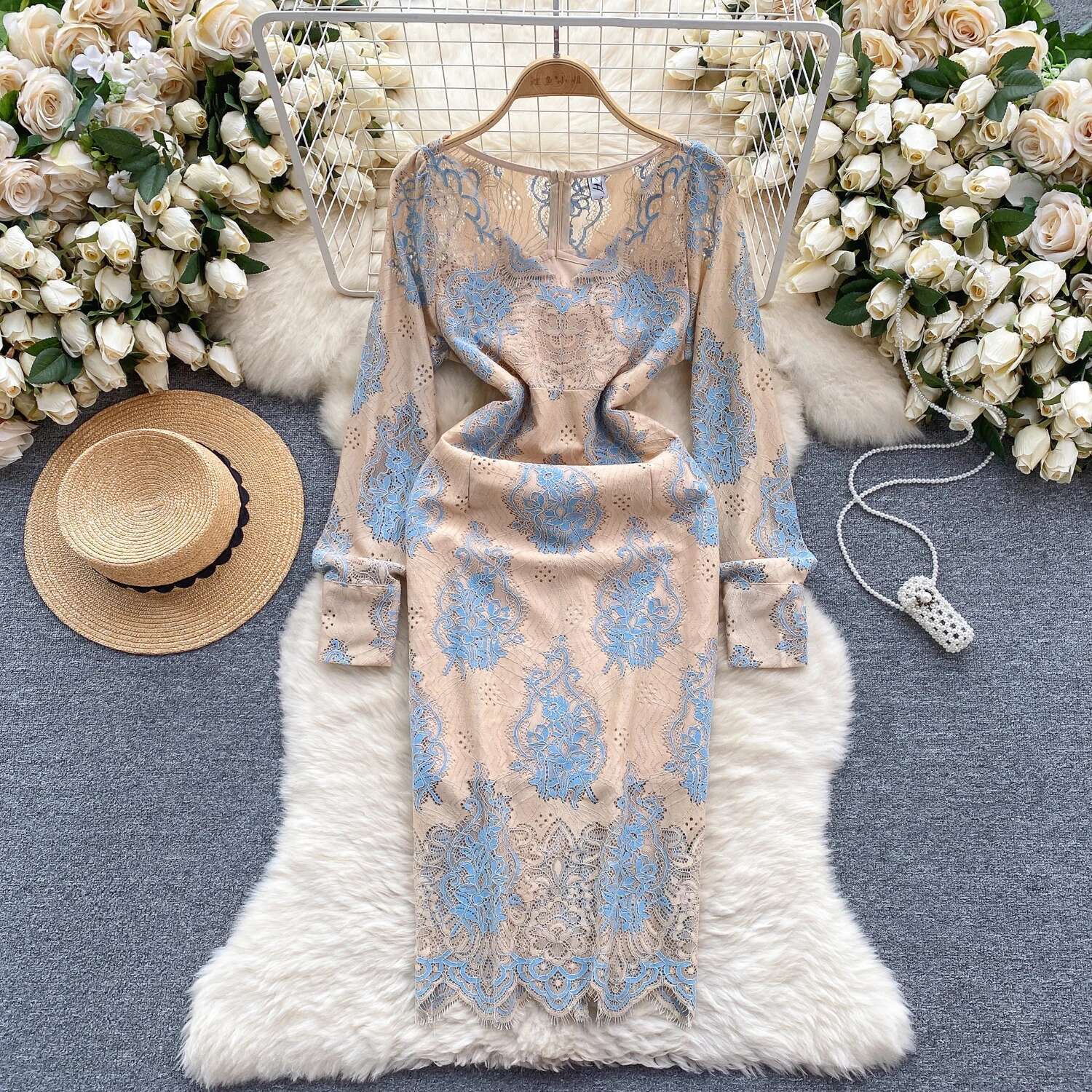 Elegant Sweet Lace Long Sleeve Hollow Dress Sleeveless Fashion Party Summer Sexy Vintage Tight Women Hip Wrap Dresses