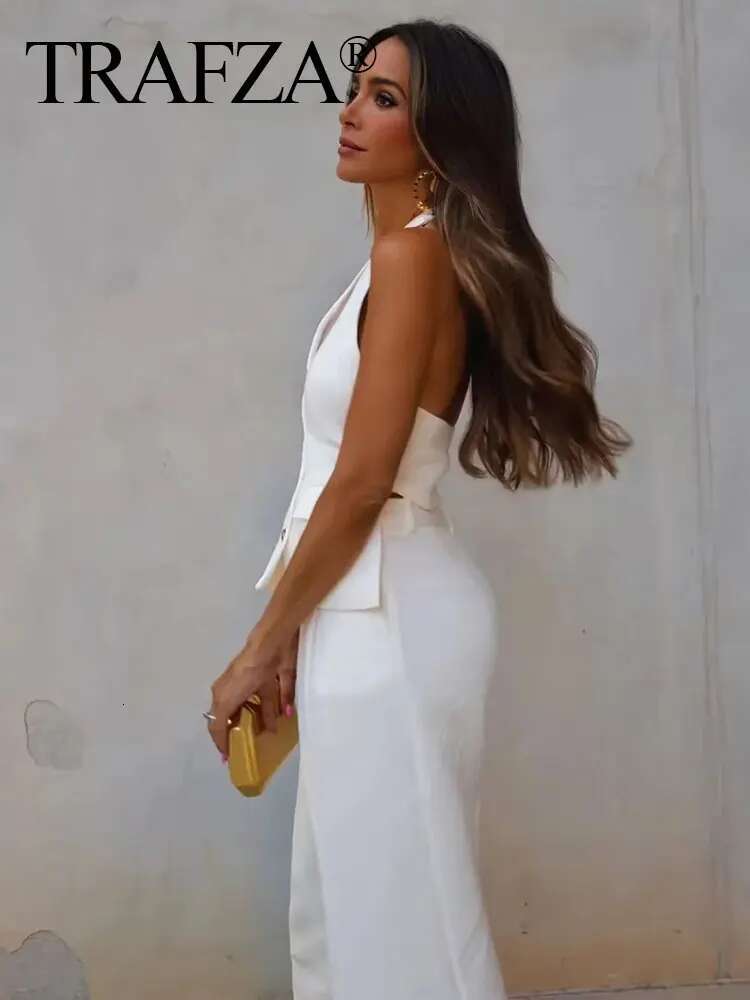 TRAFZA Women Fashion Solid Pant Suit Halter Single Breasted Sleeveless Blazer Vest Top Zipper Fly Trousers Office Lady Sets