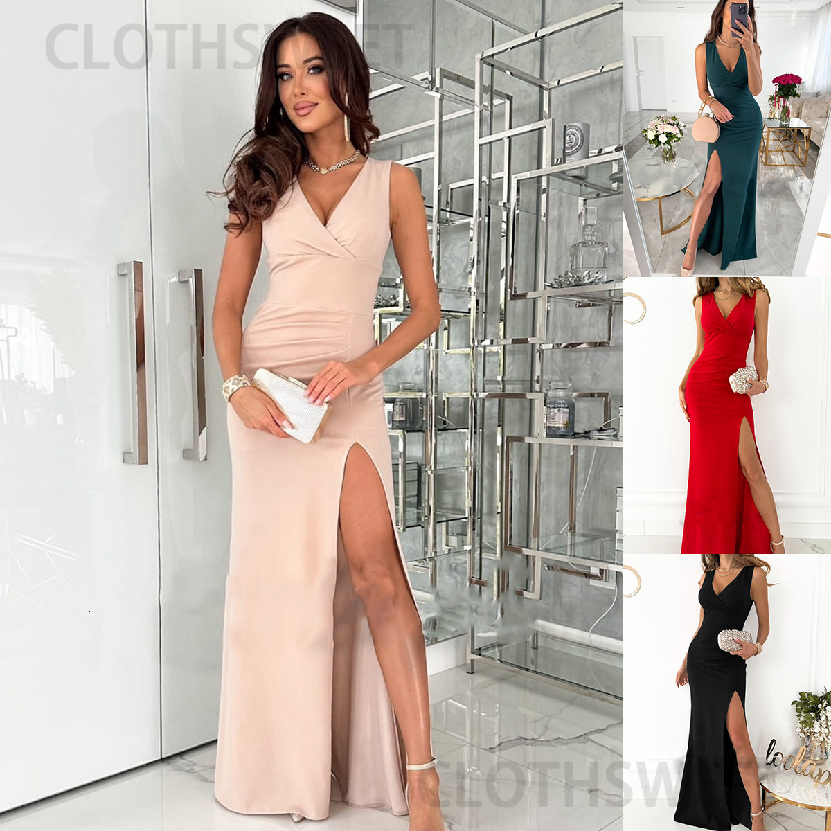 2023 Summer New Solid Simple V-Neck Sleeveless Split Dress