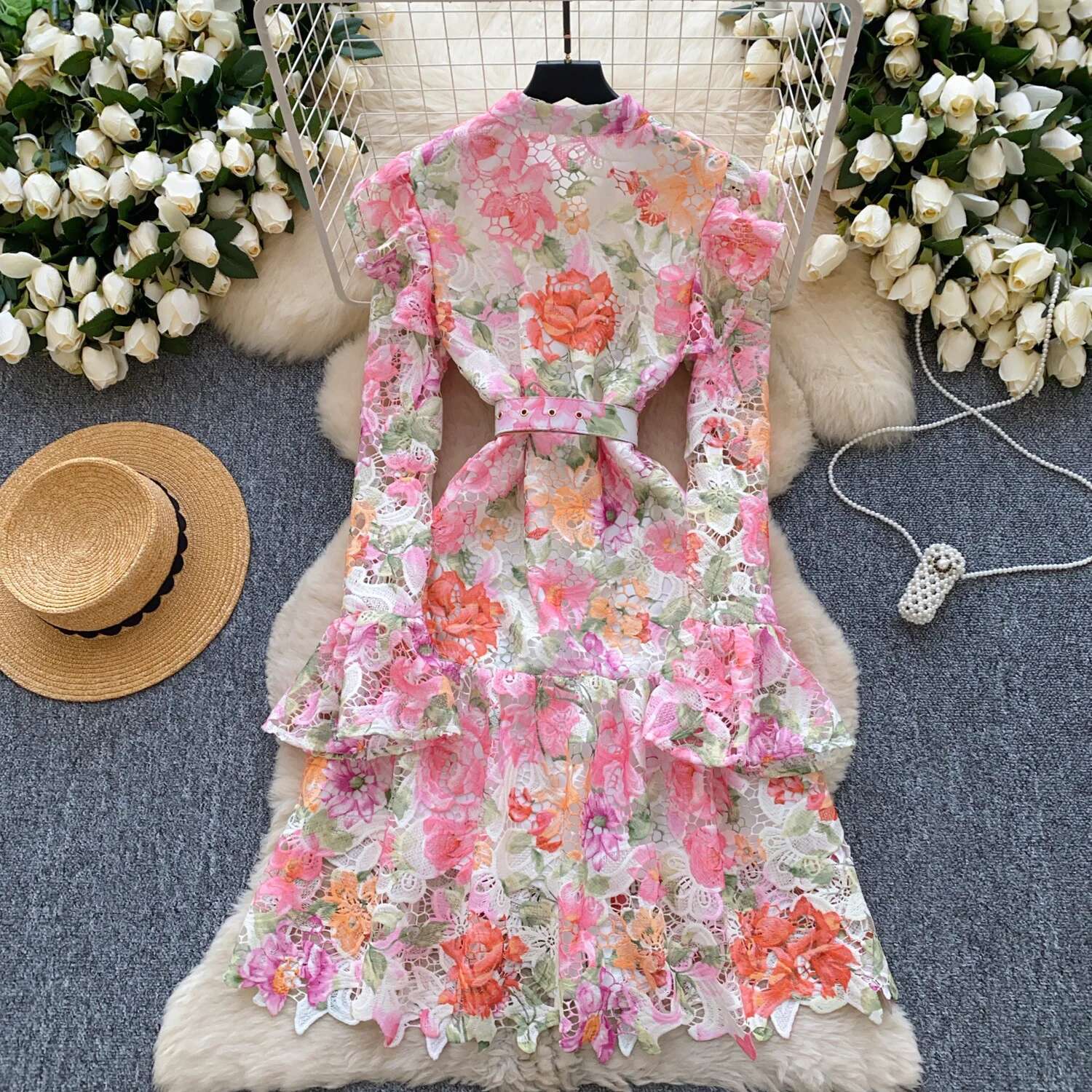 Elegant Flower Embroidery Lace Evening Dresses Women Summer Autumn Flare Long Sleeve Fancy Hollow Out Short Dress Party
