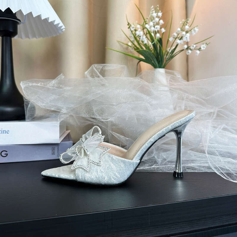 Woman Sandals French Style Slim Heel For Women S Summer Sexy Open Toed High Heels Bow Pointed Silver Rhinestone Sandals