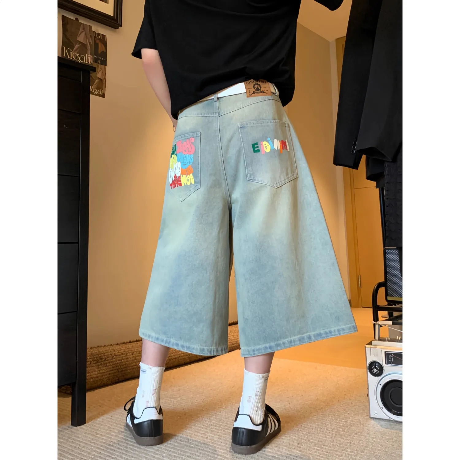 American retro jeans Y2K mens Harajuku hip-hop gothic retro pocket embroidered blue pocket jeans low waist wide leg Trousers 250423