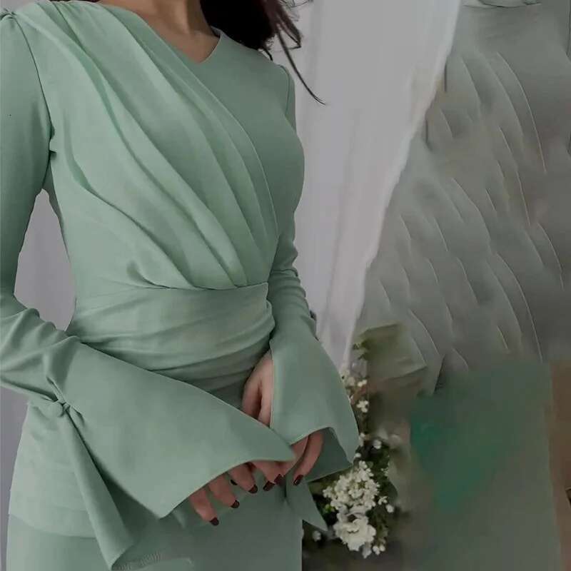 VGH Temperament Solid Pleated Long Dresses For Women V Neck Flare Sleeve Spliced Crisscross Lace Up High Waist Slim Dress Female
