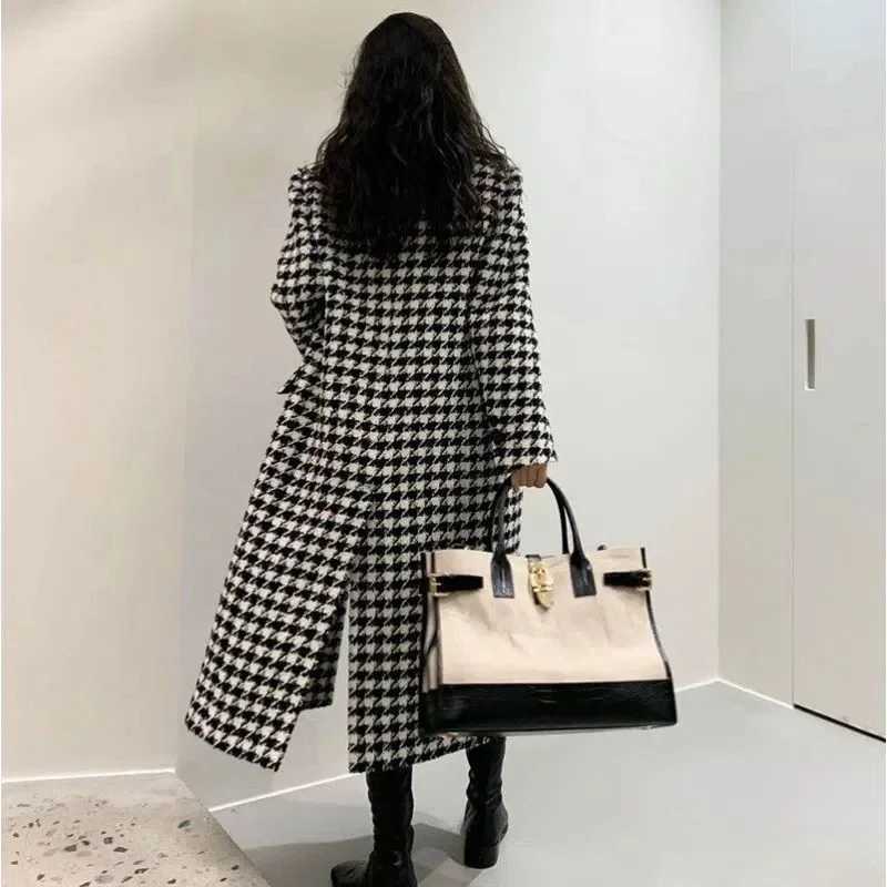 Women Autumn Winter Woolen Coat 2025 New Women Double Breasted Coat Korean Houndstooth Mid-Length Woolen Coat Lady Winter Jacket J251124