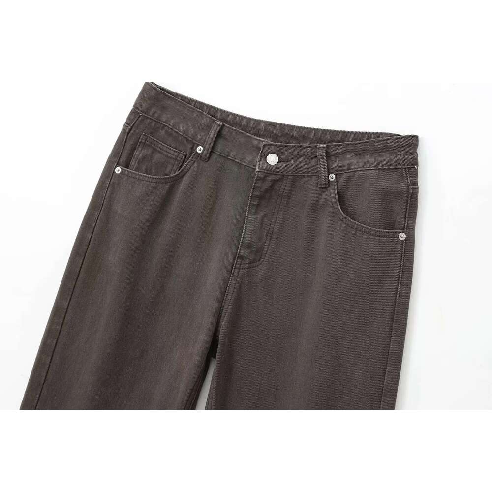 Tangada 2025 Women Coffee Long Jeans Trousers Pocket Female Denim Straight Pants 4M0144