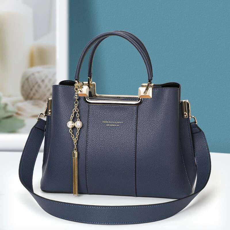 Aidrani Fashionable Women's Handbag In Blue Large Capacity Made Of High-Quality Cowhide And Equipped With Metal Tassels