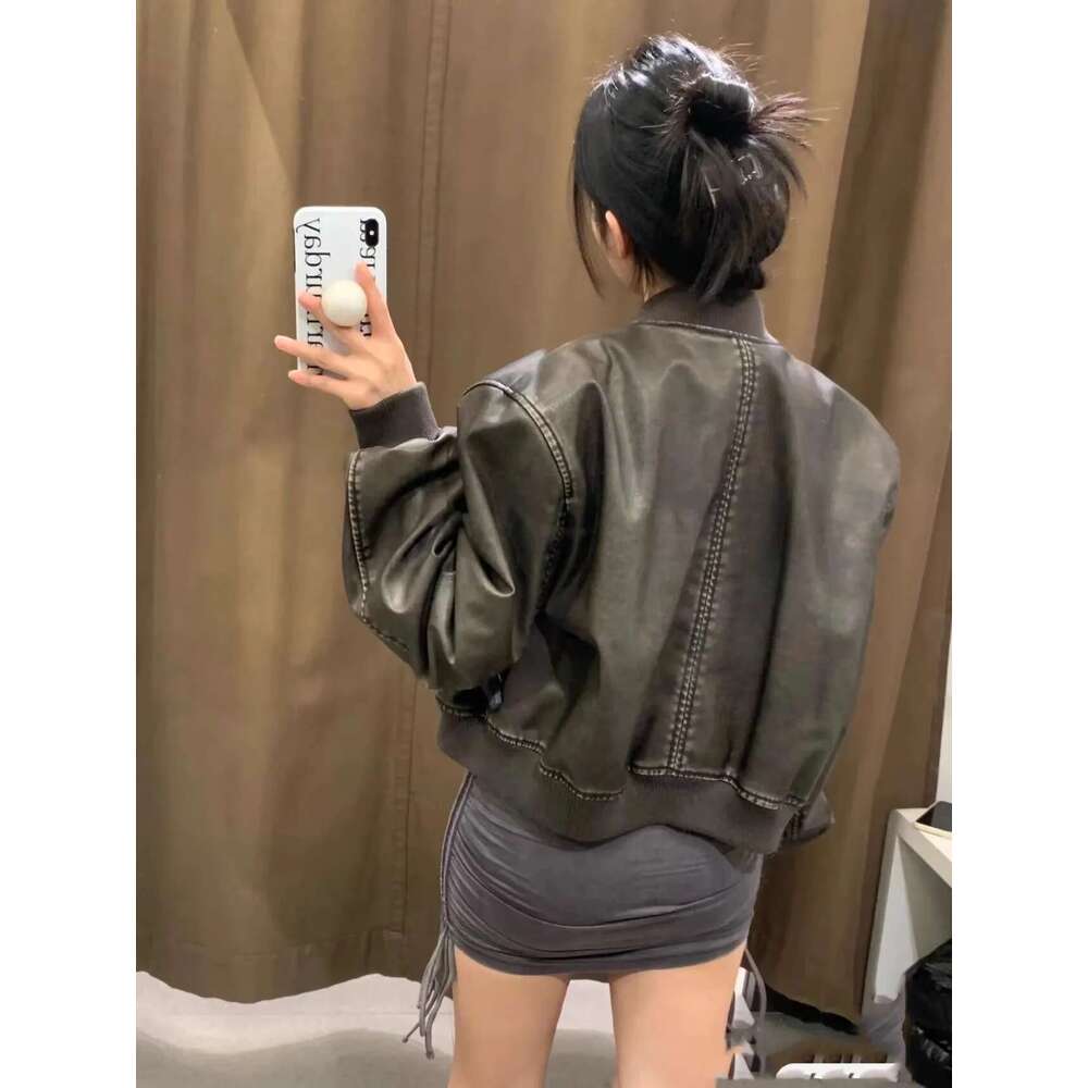 ZVRI Women's New Vintage Imitation Leather Bomber Jacket Coat Top Women's Style