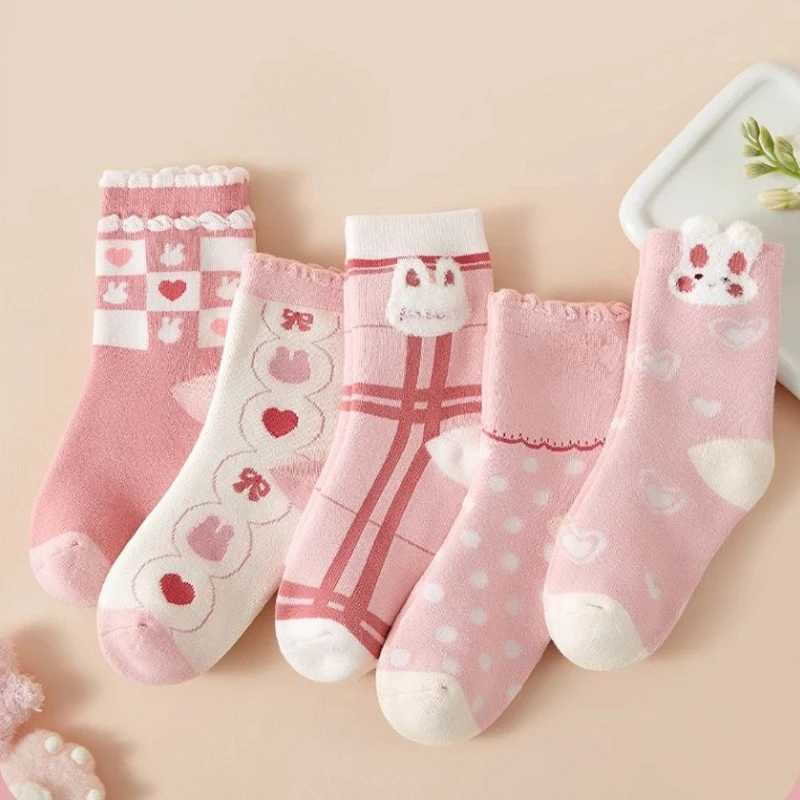 5 Pair Childrens Socks Cute Bunny Thickened Girls Socks Woolen Loop Socks with Velvet Autumn/Winter Mid Tube Socks G251124