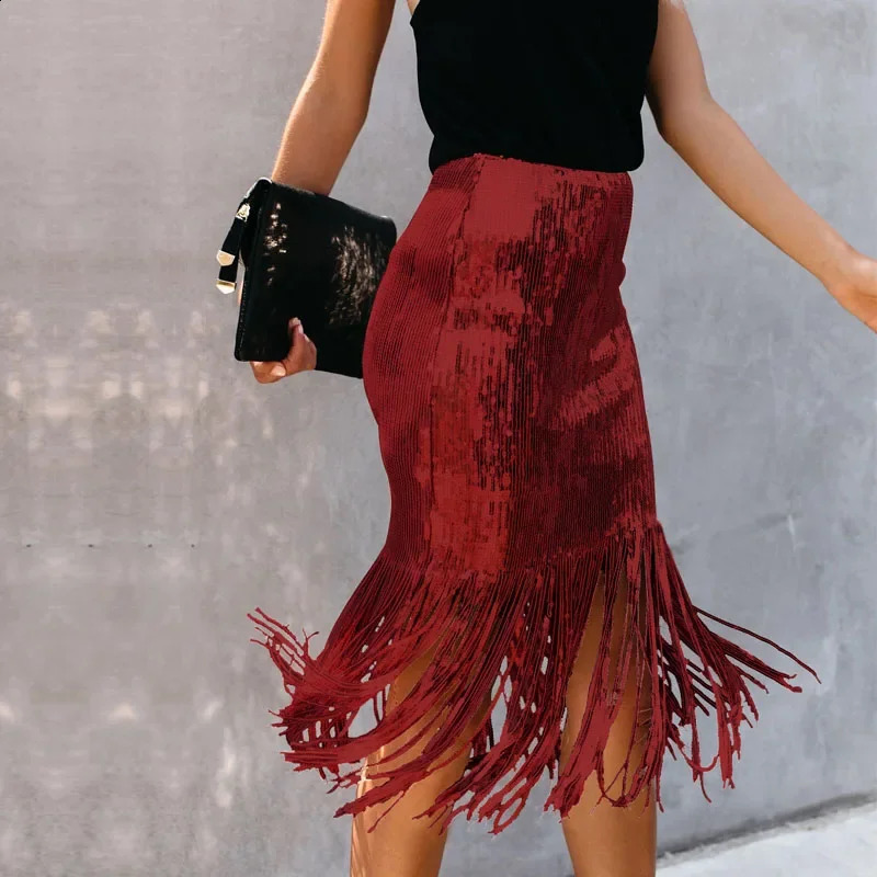 French Chic Sequined Fringe Skirt for Women High Waist Sheath Miniskirt Ladies Sexy Club Dance Rave Party 250421