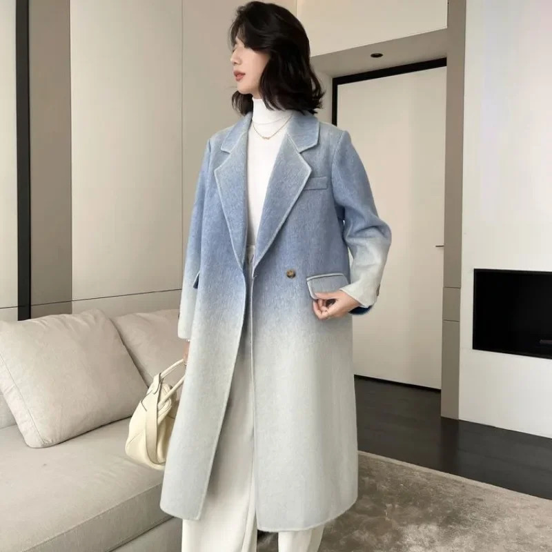High Quality Women Gradient Color woolen cloth Coat Female Temperament Long Below The Knee Outwear Casual Fashion Outcoat 251121